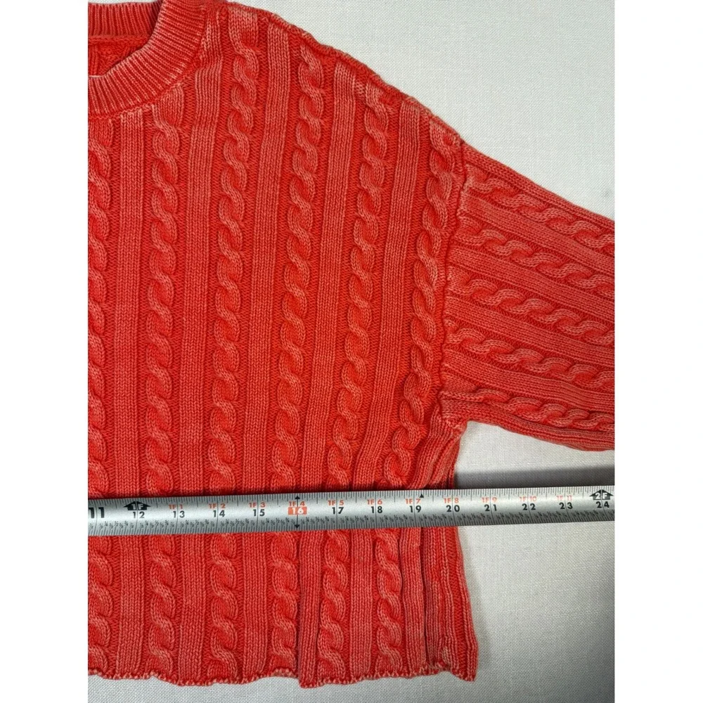 Aerie Women XL Coral Orange Cable Knit Cropped Sweater 100% Cotton Long Sleeve